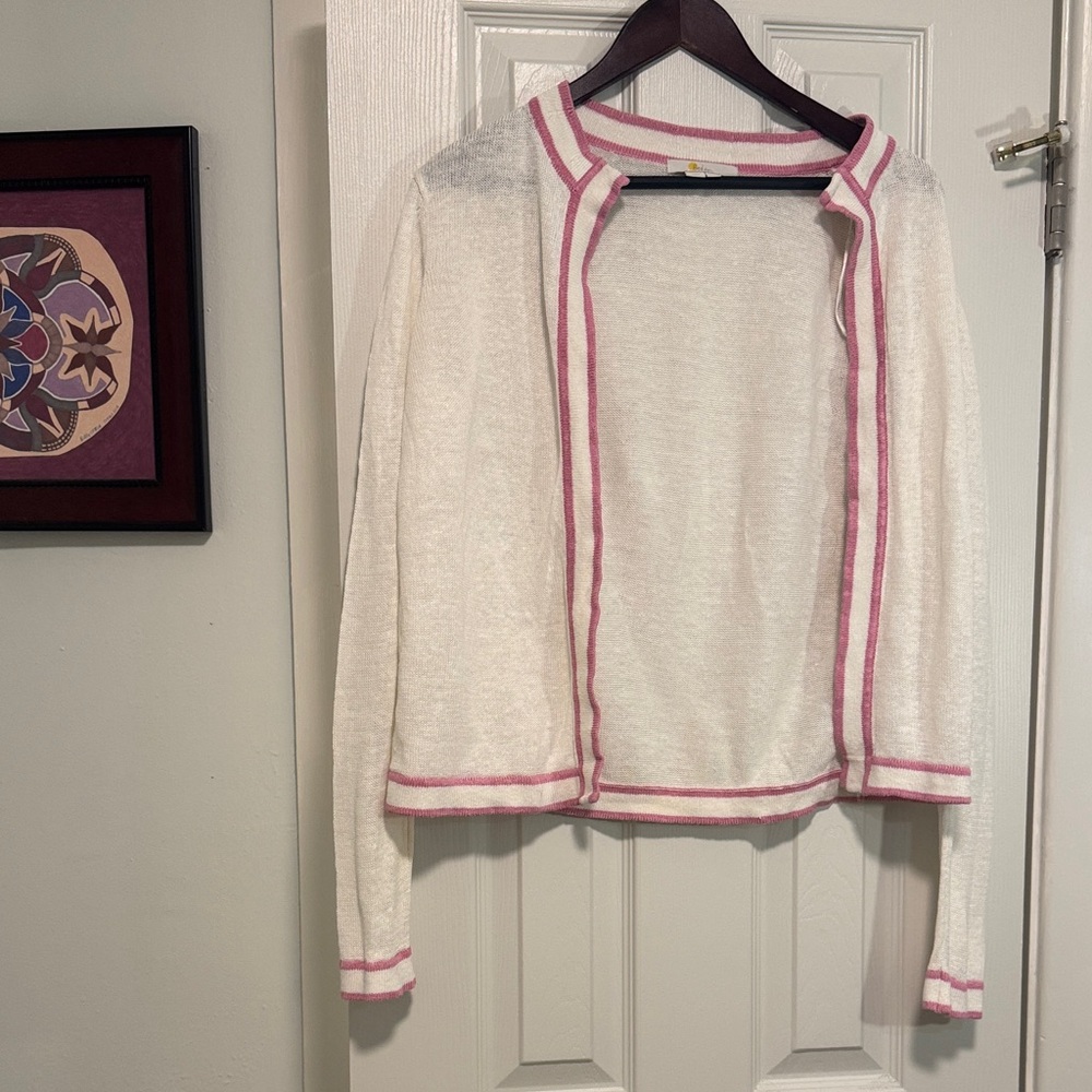 Boden White Linen Cardigan with Pink Trim - Picture 4 of 4